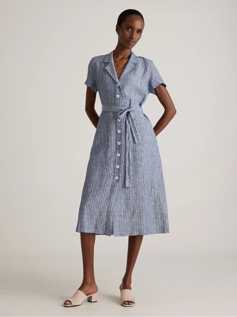 Quince 100% European Linen Button Front Dress in Chambray Stripe Size Small